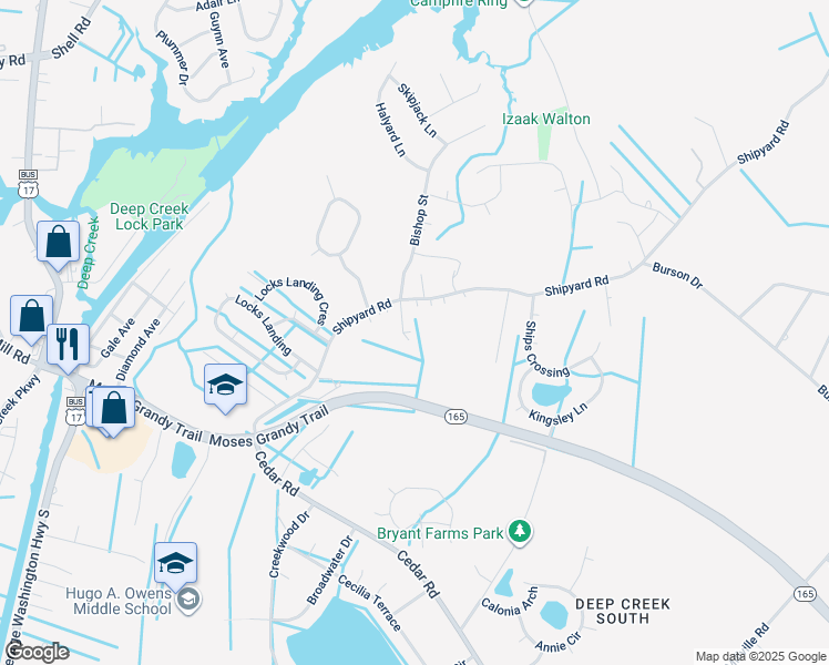 map of restaurants, bars, coffee shops, grocery stores, and more near 105 Bishops Court in Chesapeake