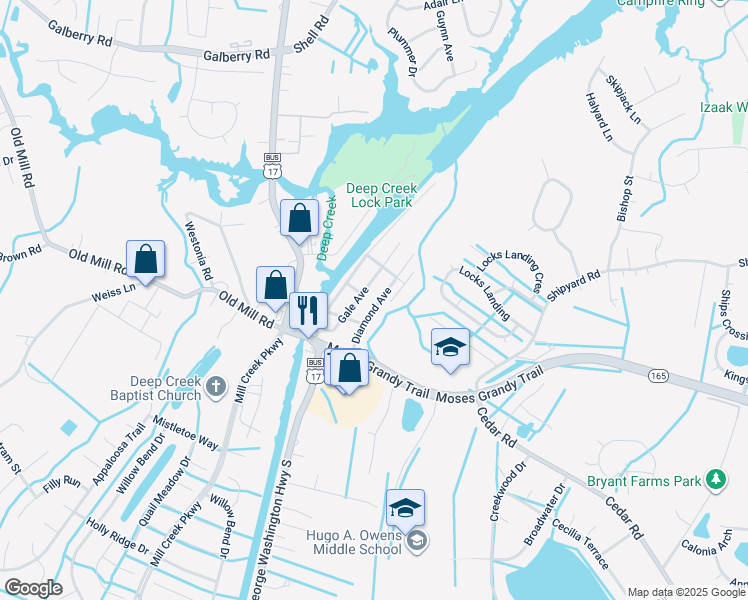 map of restaurants, bars, coffee shops, grocery stores, and more near 201 Diamond Avenue in Chesapeake