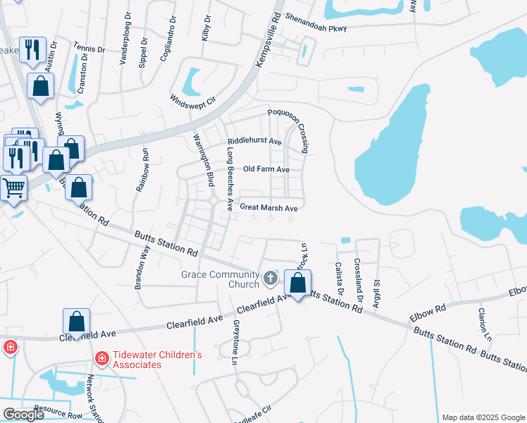 map of restaurants, bars, coffee shops, grocery stores, and more near 823 Great Marsh Avenue in Chesapeake