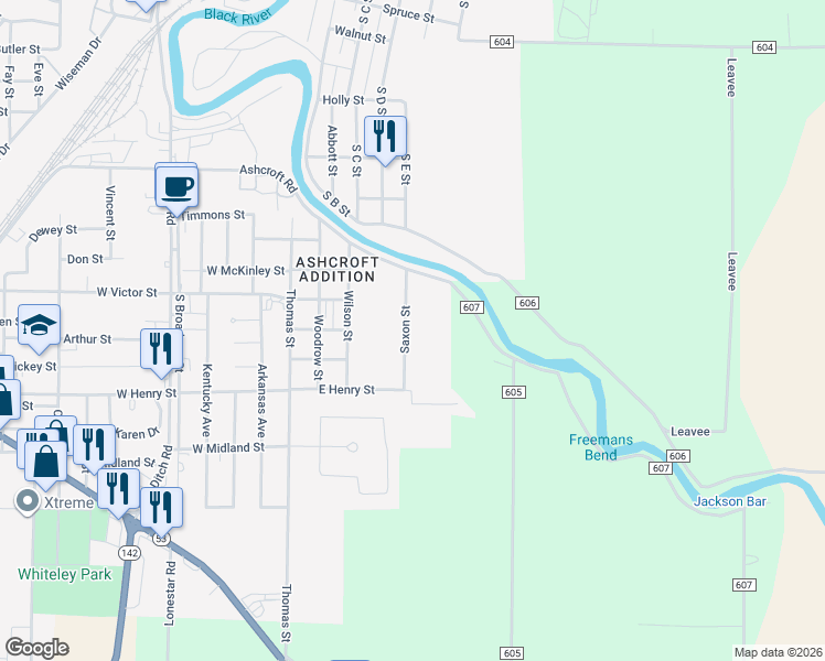 map of restaurants, bars, coffee shops, grocery stores, and more near 1800 Saxon Street in Poplar Bluff