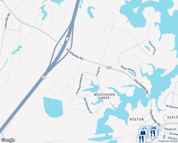 map of restaurants, bars, coffee shops, grocery stores, and more near 802 General Pickett Drive in Suffolk