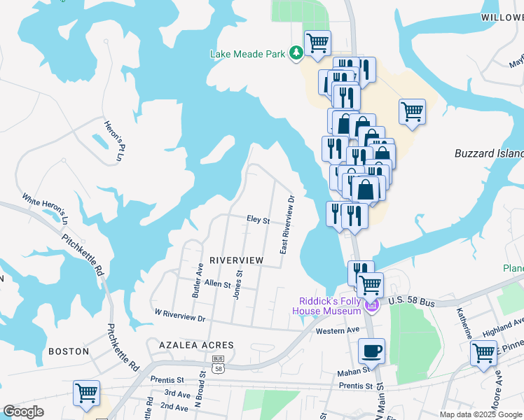 map of restaurants, bars, coffee shops, grocery stores, and more near 807 Dumville Avenue in Suffolk