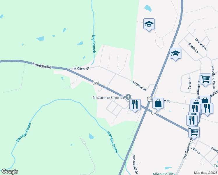 map of restaurants, bars, coffee shops, grocery stores, and more near 784 Franklin Road in Scottsville
