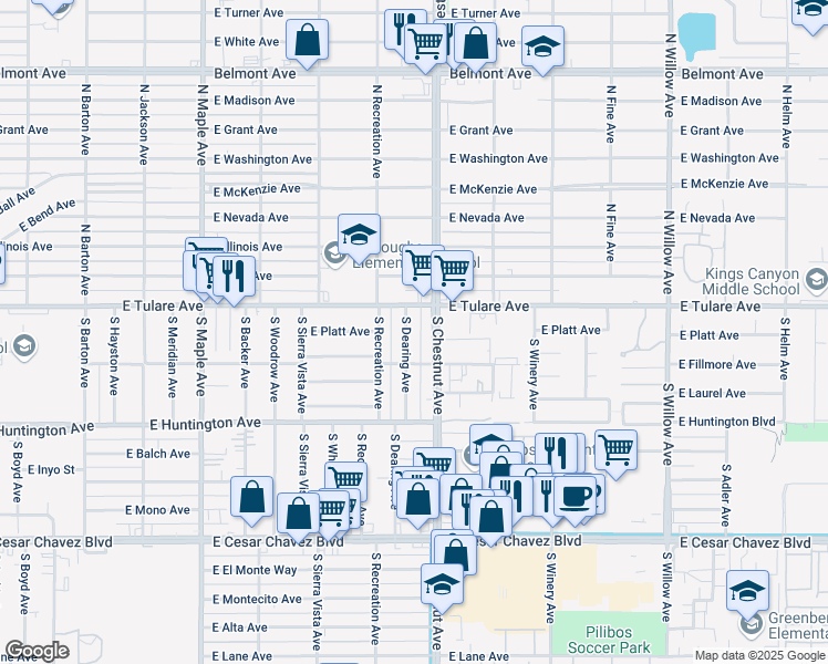 map of restaurants, bars, coffee shops, grocery stores, and more near 143 South Dearing Avenue in Fresno