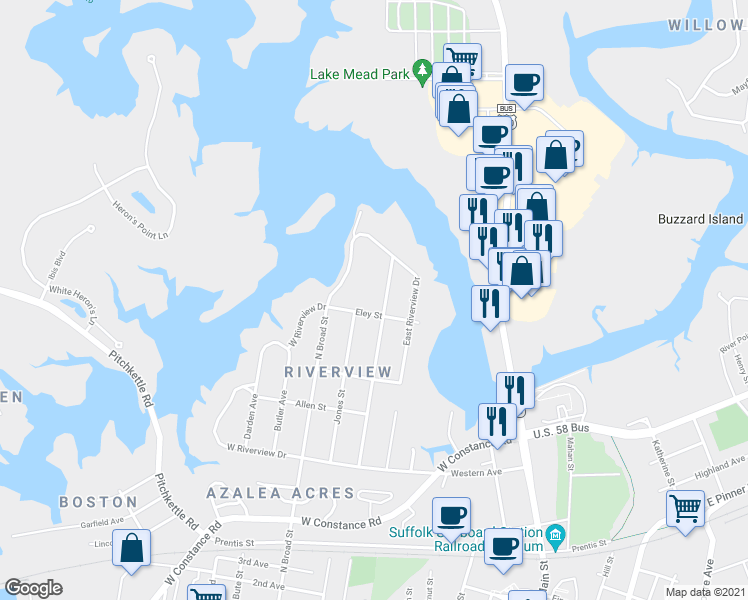 map of restaurants, bars, coffee shops, grocery stores, and more near 807 Dumville Avenue in Suffolk