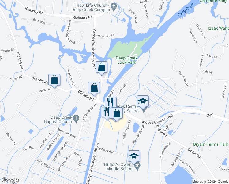 map of restaurants, bars, coffee shops, grocery stores, and more near 112 Hinton Avenue in Chesapeake