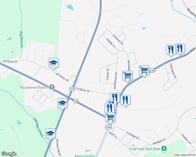 map of restaurants, bars, coffee shops, grocery stores, and more near 128-298 Southwest Circle in Scottsville