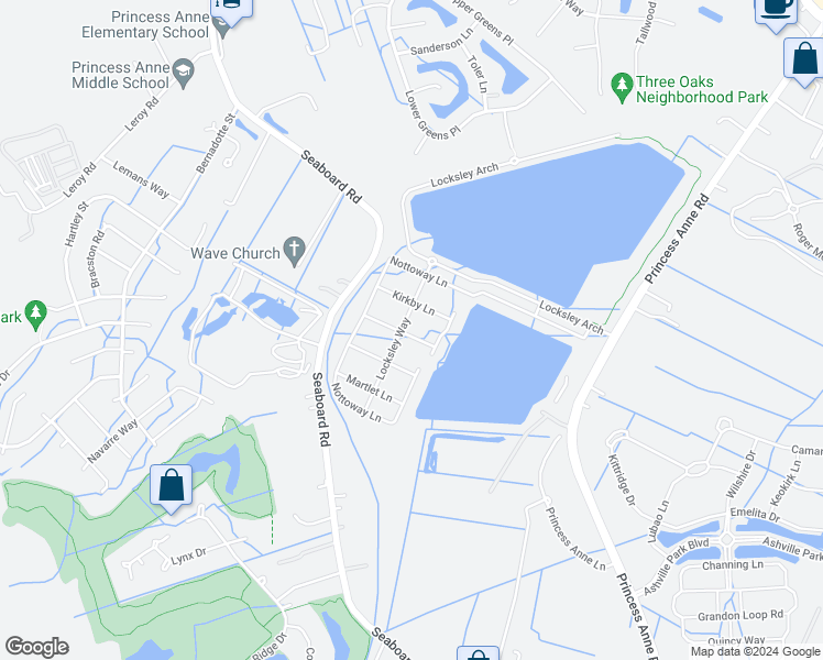 map of restaurants, bars, coffee shops, grocery stores, and more near 2181 Nottoway Lane in Virginia Beach