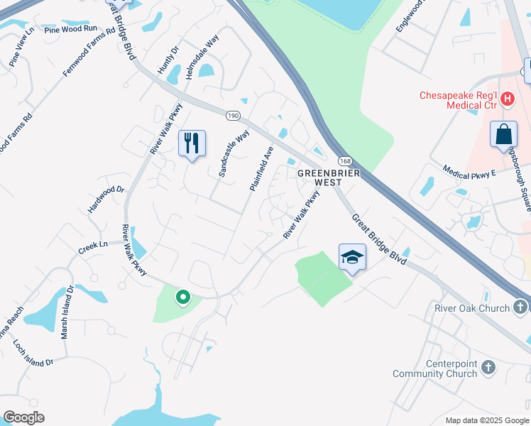 map of restaurants, bars, coffee shops, grocery stores, and more near 816 Primrose Lane in Chesapeake