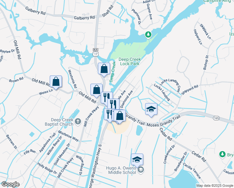 map of restaurants, bars, coffee shops, grocery stores, and more near 112 Hinton Avenue in Chesapeake