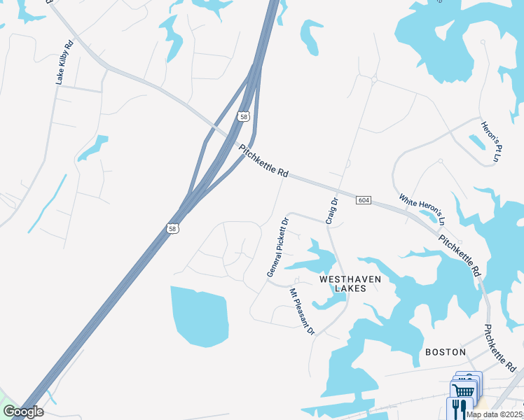 map of restaurants, bars, coffee shops, grocery stores, and more near 204 Foxfield Parkway in Suffolk