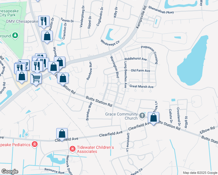 map of restaurants, bars, coffee shops, grocery stores, and more near 923 Stanhope Gardens in Chesapeake