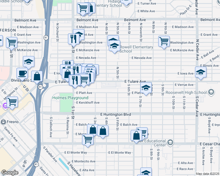 map of restaurants, bars, coffee shops, grocery stores, and more near 3330 East Tulare Avenue in Fresno