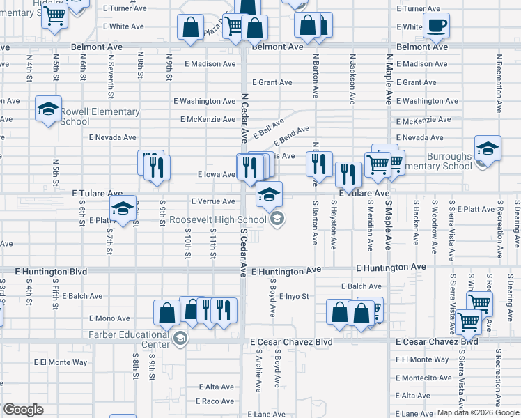 map of restaurants, bars, coffee shops, grocery stores, and more near 4250 East Tulare Avenue in Fresno