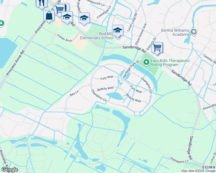 map of restaurants, bars, coffee shops, grocery stores, and more near 1820 Beauty Way in Virginia Beach