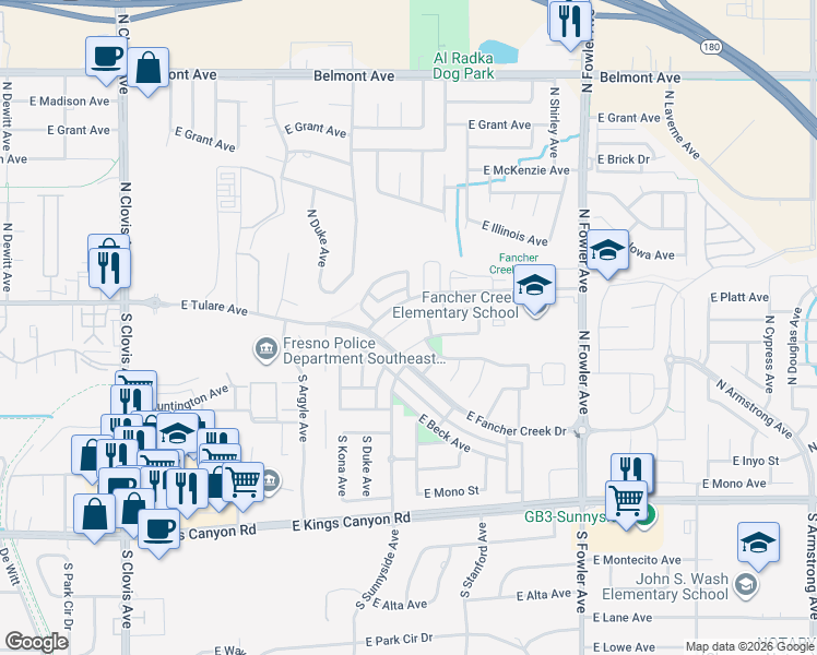 map of restaurants, bars, coffee shops, grocery stores, and more near 5837 East Platt Avenue in Fresno