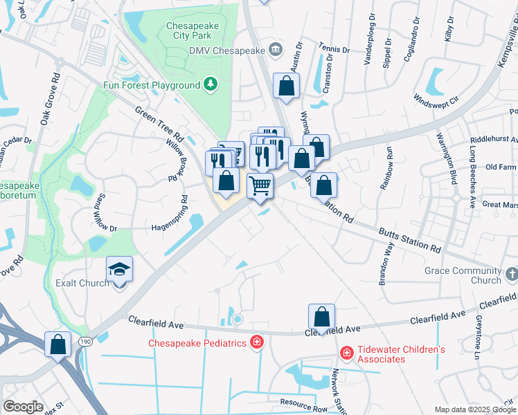 map of restaurants, bars, coffee shops, grocery stores, and more near 480 Virginia 190 in Chesapeake