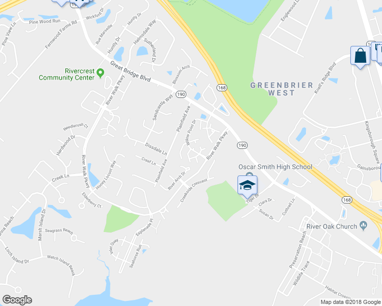 map of restaurants, bars, coffee shops, grocery stores, and more near 300 Primrose Lane in Chesapeake
