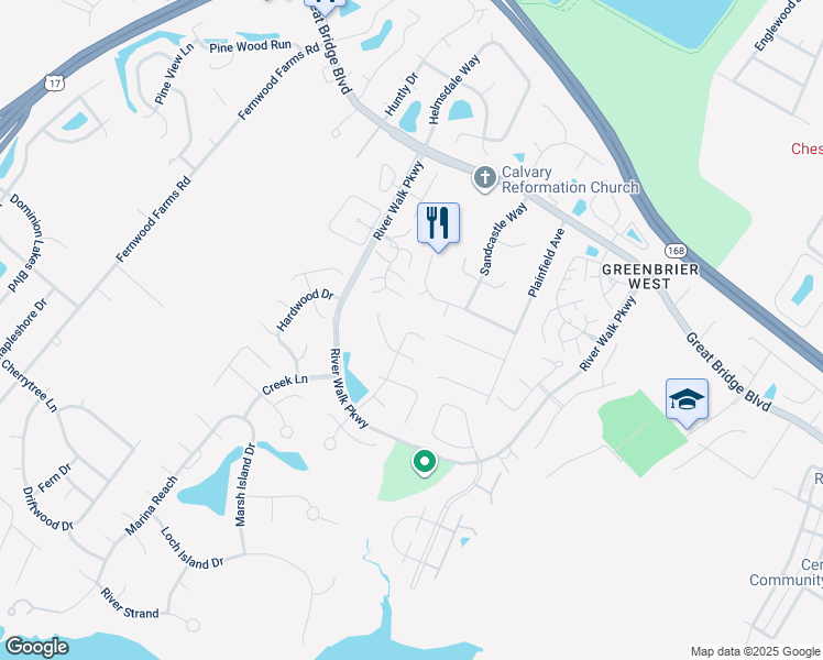 map of restaurants, bars, coffee shops, grocery stores, and more near 442 Honey Locust Way in Chesapeake