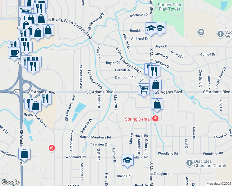 map of restaurants, bars, coffee shops, grocery stores, and more near 816 Yale Place in Bartlesville