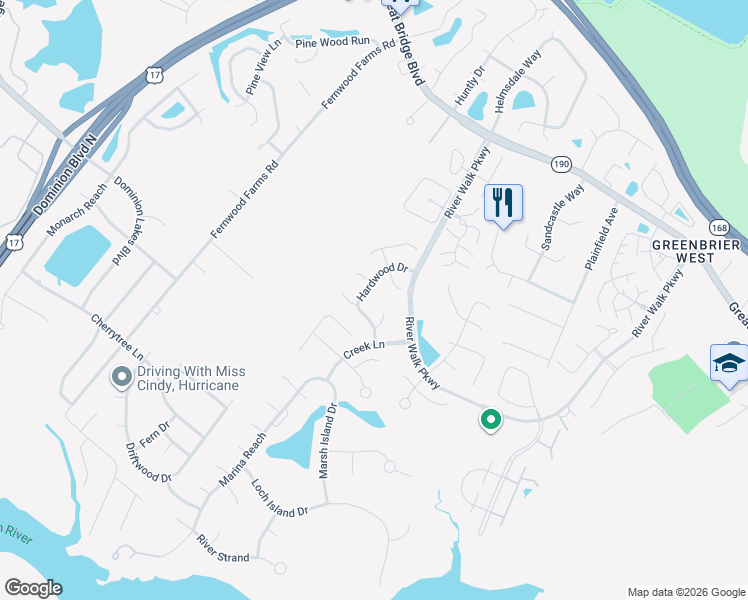 map of restaurants, bars, coffee shops, grocery stores, and more near 705 Hardwood Court in Chesapeake