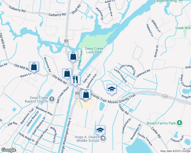 map of restaurants, bars, coffee shops, grocery stores, and more near 208 Diamond Avenue in Chesapeake