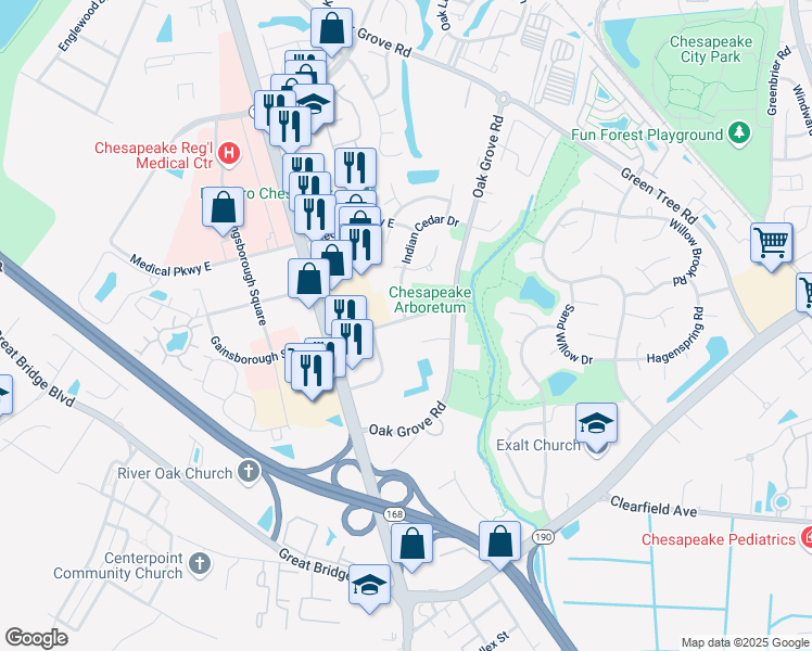 map of restaurants, bars, coffee shops, grocery stores, and more near 203 Gainsborough Square East in Chesapeake