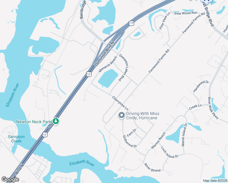 map of restaurants, bars, coffee shops, grocery stores, and more near 1303 Dominion Lakes Boulevard in Chesapeake