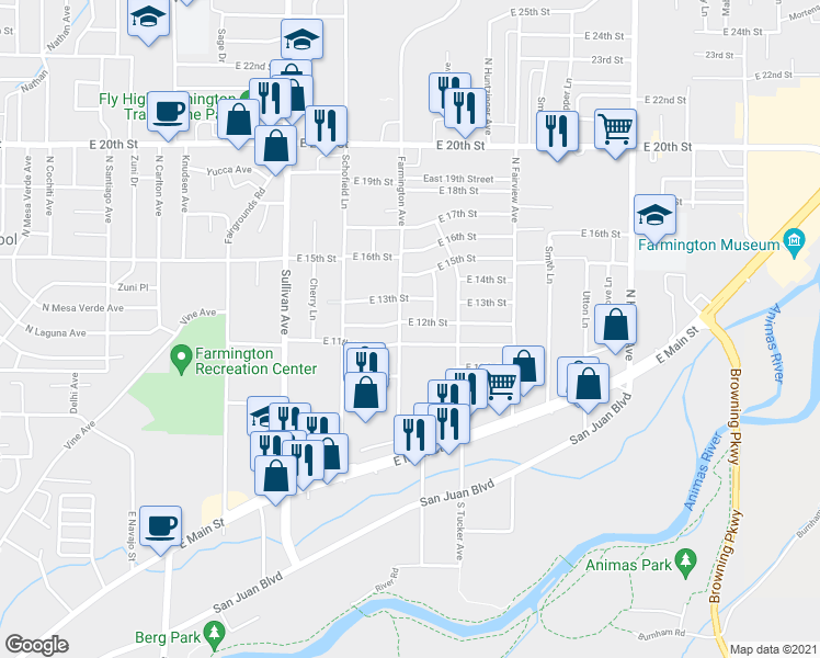 map of restaurants, bars, coffee shops, grocery stores, and more near 2105 East 12th Street in Farmington
