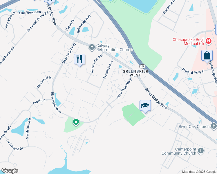 map of restaurants, bars, coffee shops, grocery stores, and more near 804 Primrose Lane in Chesapeake