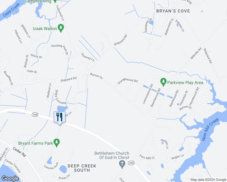 map of restaurants, bars, coffee shops, grocery stores, and more near 1991 Burson Drive in Chesapeake