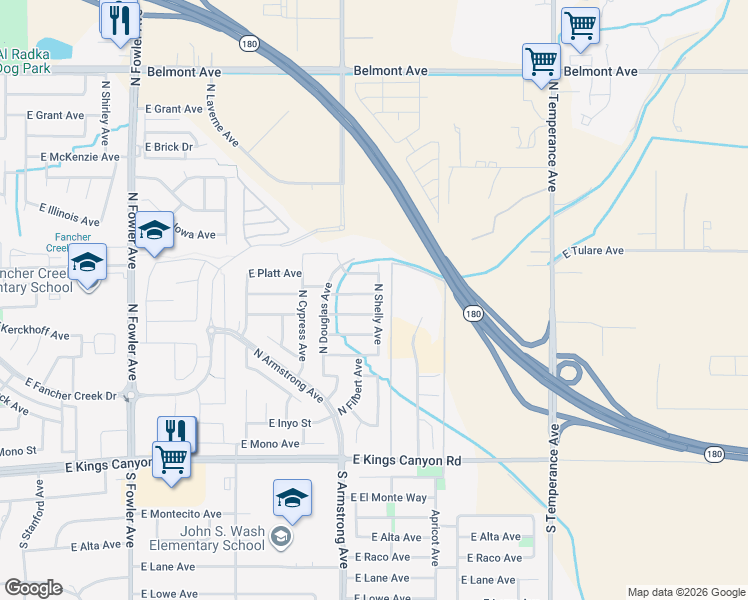 map of restaurants, bars, coffee shops, grocery stores, and more near 6579 East Fillmore Avenue in Fresno
