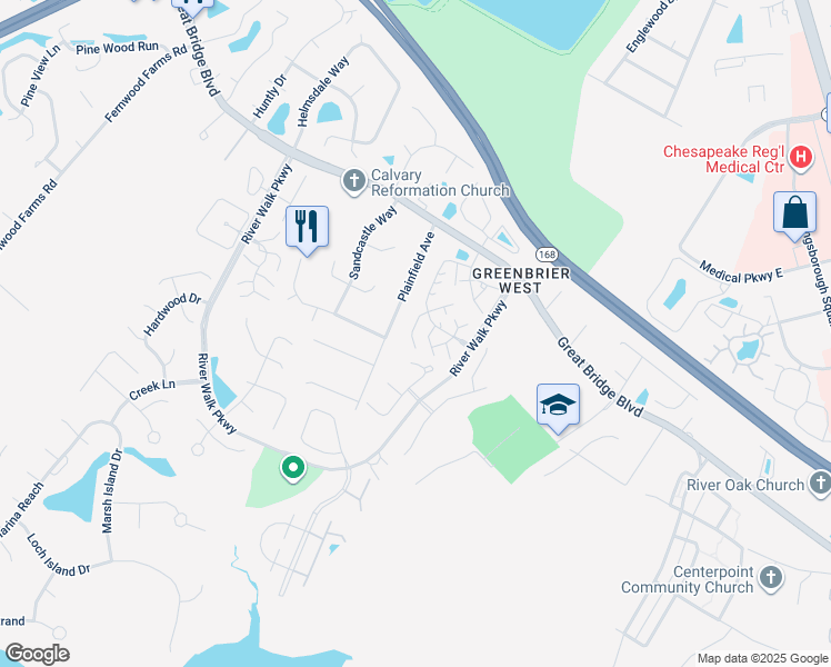 map of restaurants, bars, coffee shops, grocery stores, and more near 804 Primrose Lane in Chesapeake