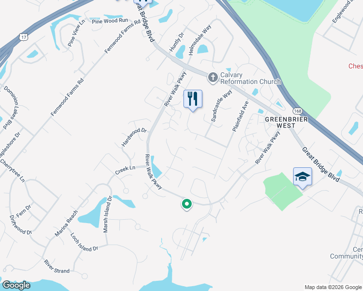 map of restaurants, bars, coffee shops, grocery stores, and more near 440 Honey Locust Way in Chesapeake