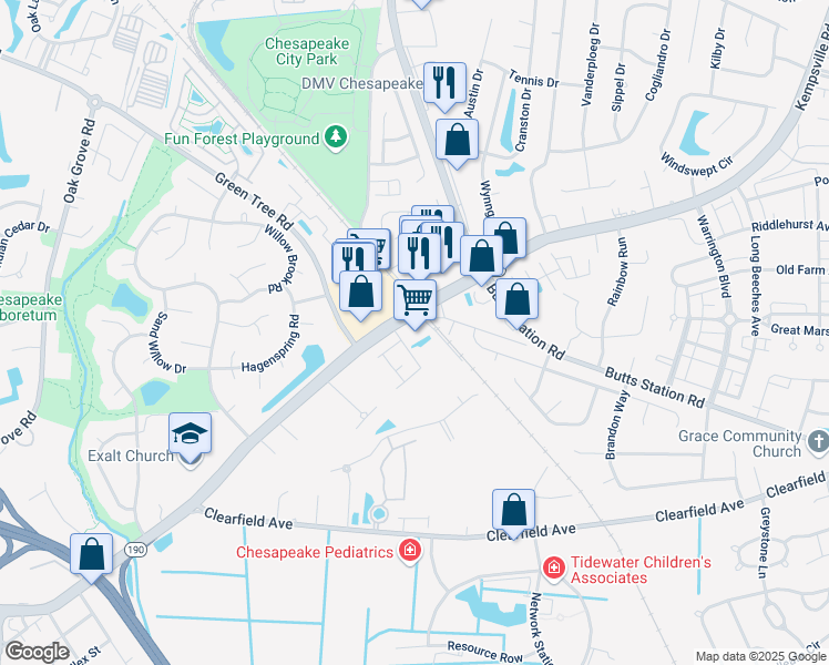 map of restaurants, bars, coffee shops, grocery stores, and more near 480 Virginia 190 in Chesapeake