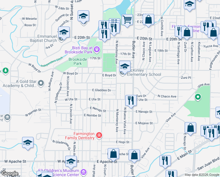 map of restaurants, bars, coffee shops, grocery stores, and more near 402 East Gladden Drive in Farmington