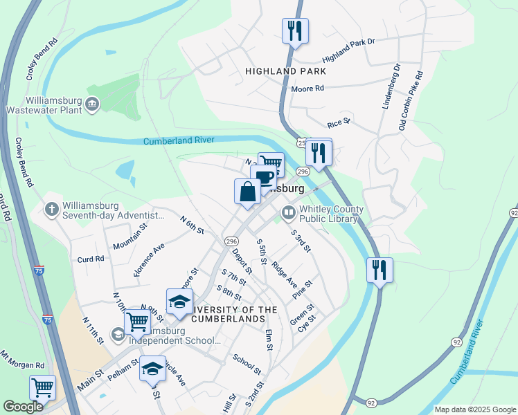 map of restaurants, bars, coffee shops, grocery stores, and more near 312 Main Street in Williamsburg