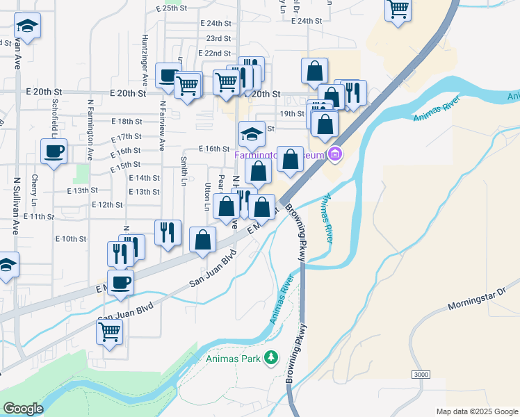 map of restaurants, bars, coffee shops, grocery stores, and more near 2800 East Main Street in Farmington