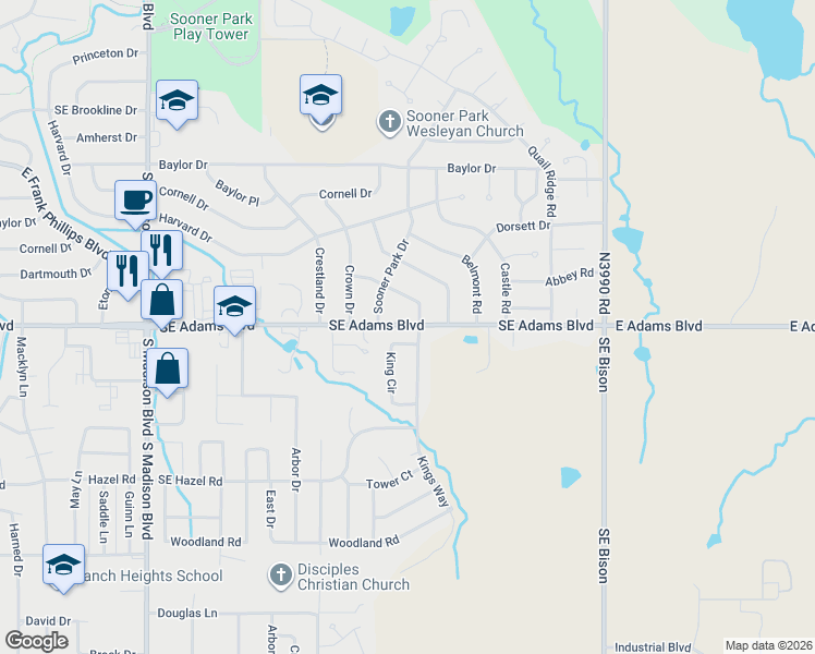 map of restaurants, bars, coffee shops, grocery stores, and more near 3990 North Road in Bartlesville