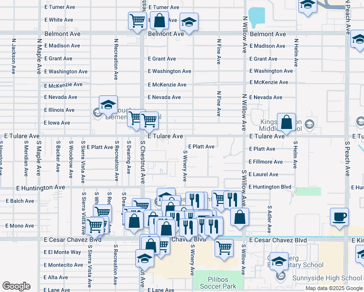 map of restaurants, bars, coffee shops, grocery stores, and more near 142 South Winery Avenue in Fresno