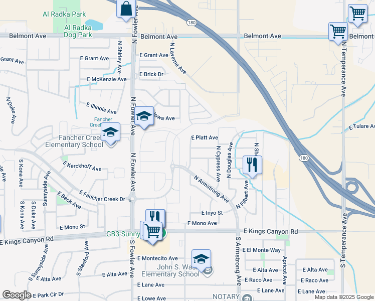 map of restaurants, bars, coffee shops, grocery stores, and more near 333 North Burgan Avenue in Fresno