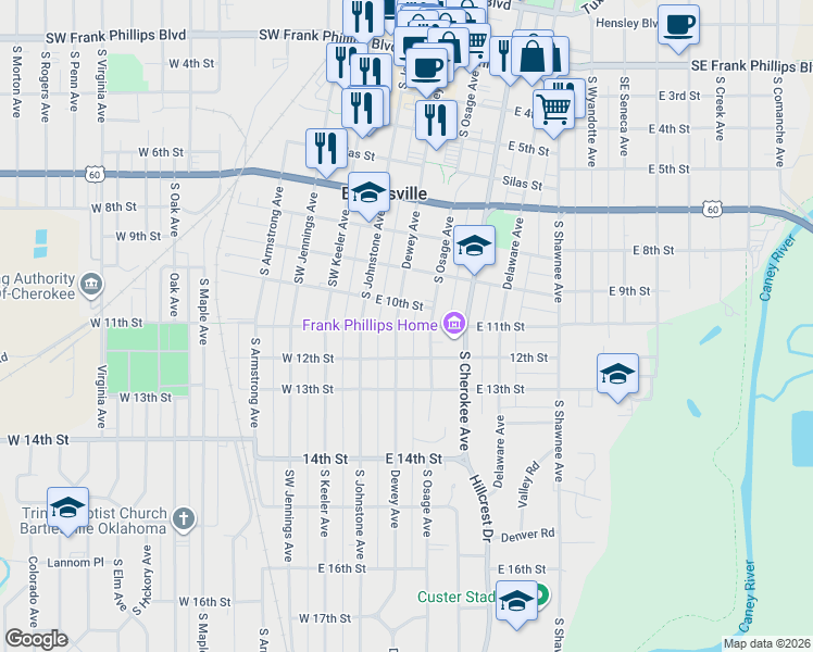 map of restaurants, bars, coffee shops, grocery stores, and more near 1100 Dewey Avenue in Bartlesville