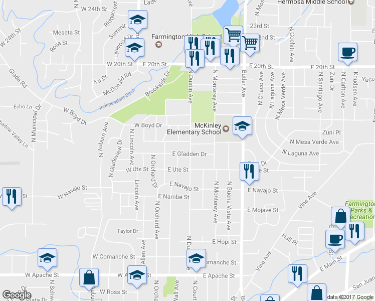 map of restaurants, bars, coffee shops, grocery stores, and more near 118 East Gladden Drive in Farmington