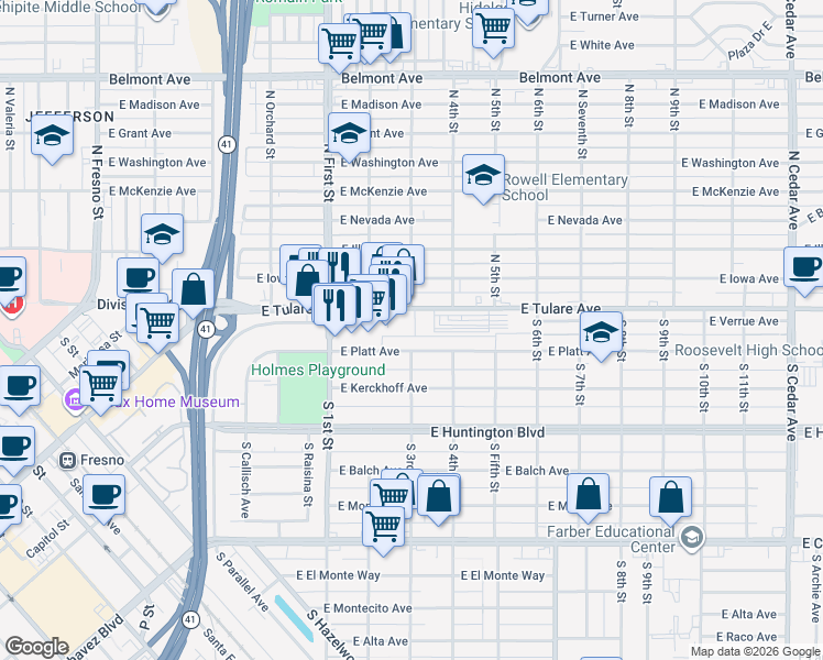 map of restaurants, bars, coffee shops, grocery stores, and more near 3274 North Angus Avenue in Fresno