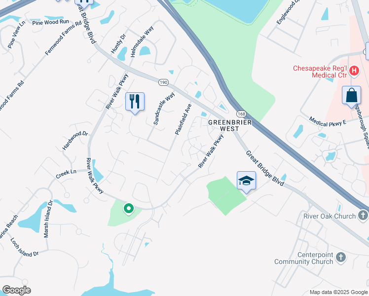 map of restaurants, bars, coffee shops, grocery stores, and more near 1018 Primrose Lane in Chesapeake