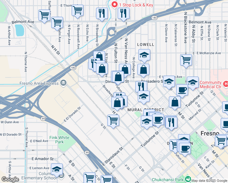 map of restaurants, bars, coffee shops, grocery stores, and more near 105 Sacramento Street in Fresno