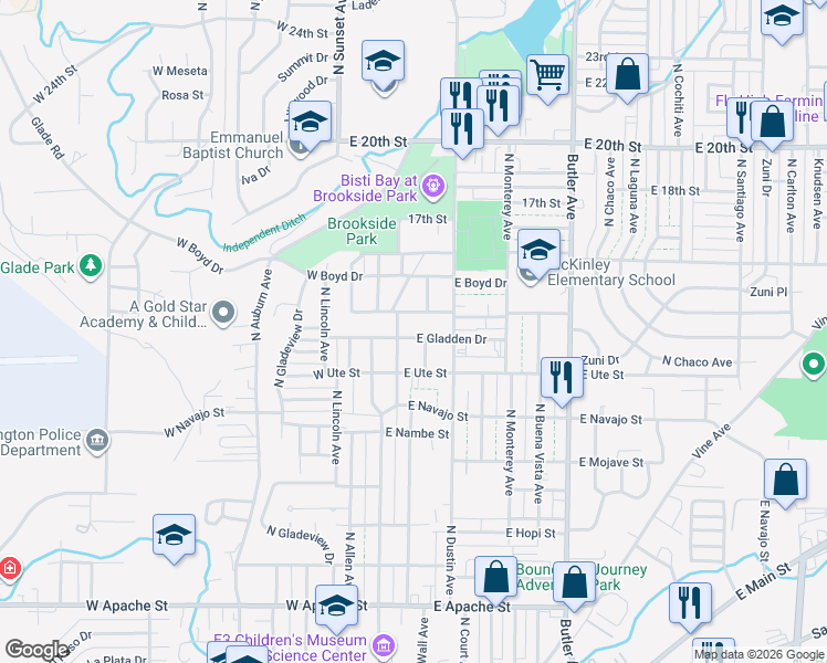 map of restaurants, bars, coffee shops, grocery stores, and more near 106 East Gladden Drive in Farmington