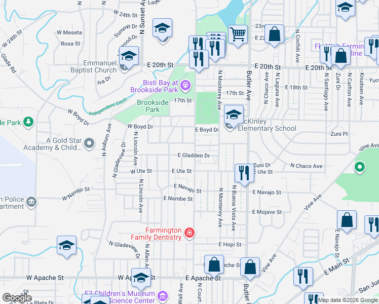 map of restaurants, bars, coffee shops, grocery stores, and more near 118 East Gladden Drive in Farmington