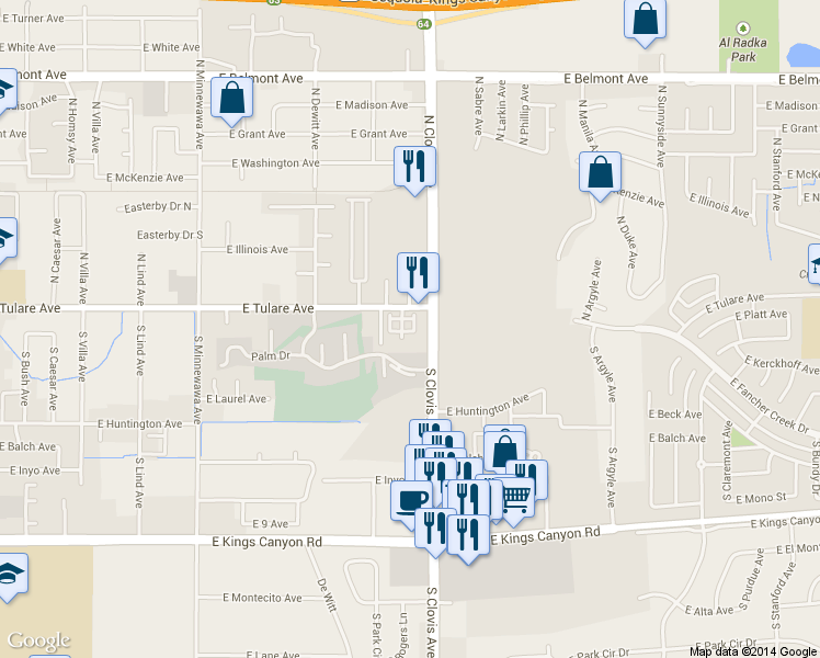map of restaurants, bars, coffee shops, grocery stores, and more near 36 South Rogers Lane in Fresno