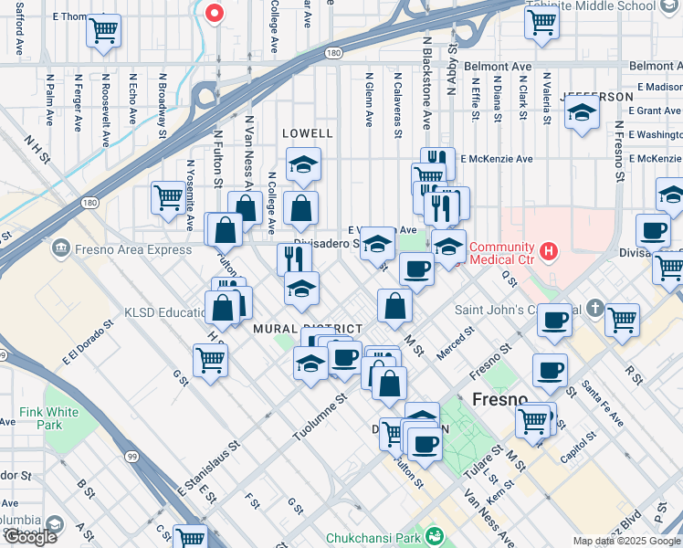 map of restaurants, bars, coffee shops, grocery stores, and more near 1619 M Street in Fresno